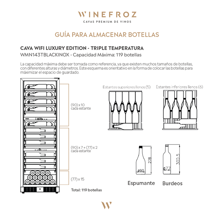 CAVA WIFI LUXURY EDITION ACERO INOXIDABLE NEGRO PARA 119 BOTELLAS - TRIPLE TEMPERATURA