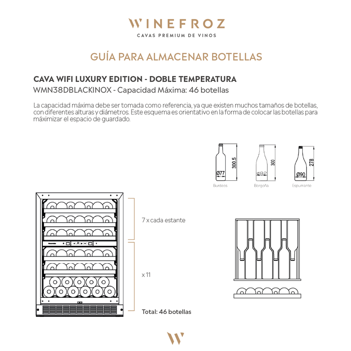 CAVA WIFI LUXURY EDITION ACERO INOXIDABLE NEGRO PARA 46 BOTELLAS - DOBLE TEMPERATURA